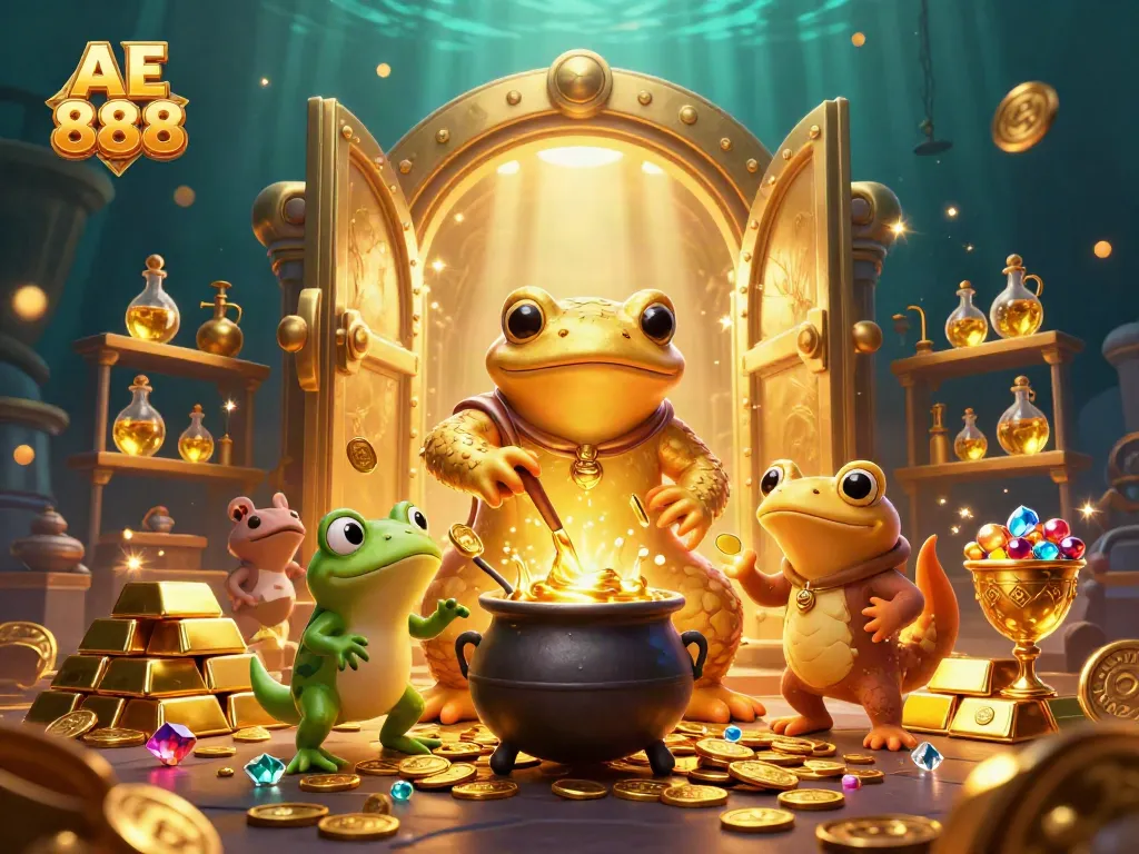 Engage with AE 888's enchanting gaming world through golden alchemy in this vibrant casino scene.