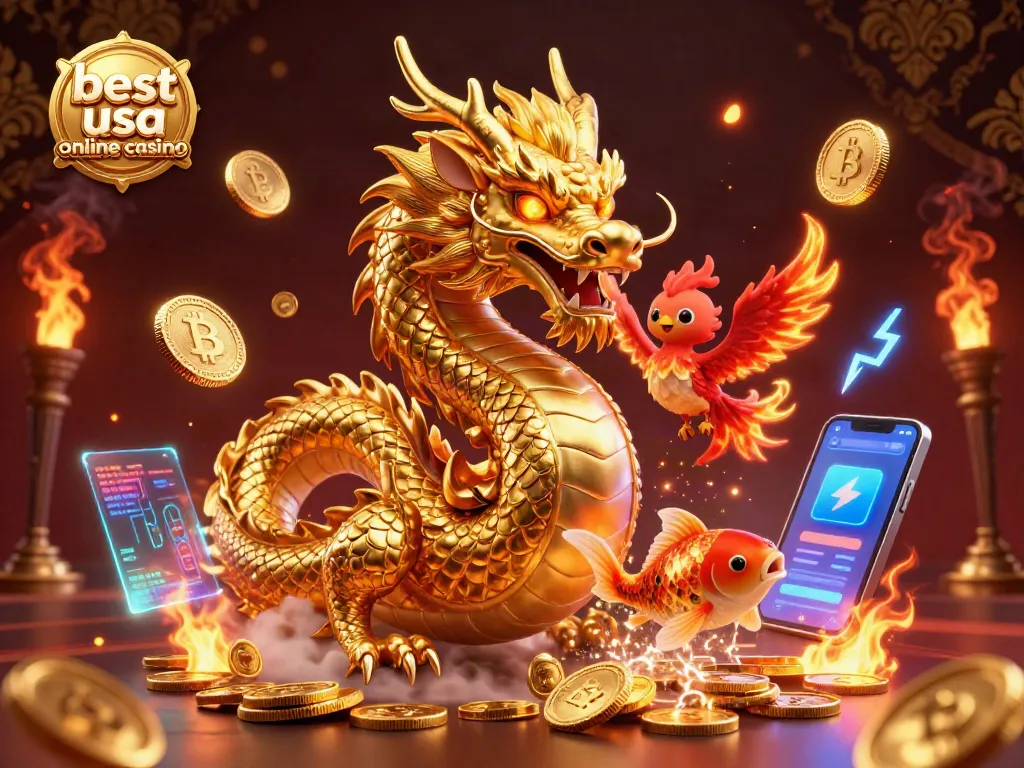 Experience the thrill of the best USA online casino with a vibrant 3D scene featuring a golden dragon, phoenix, and koi fish amidst coins.
