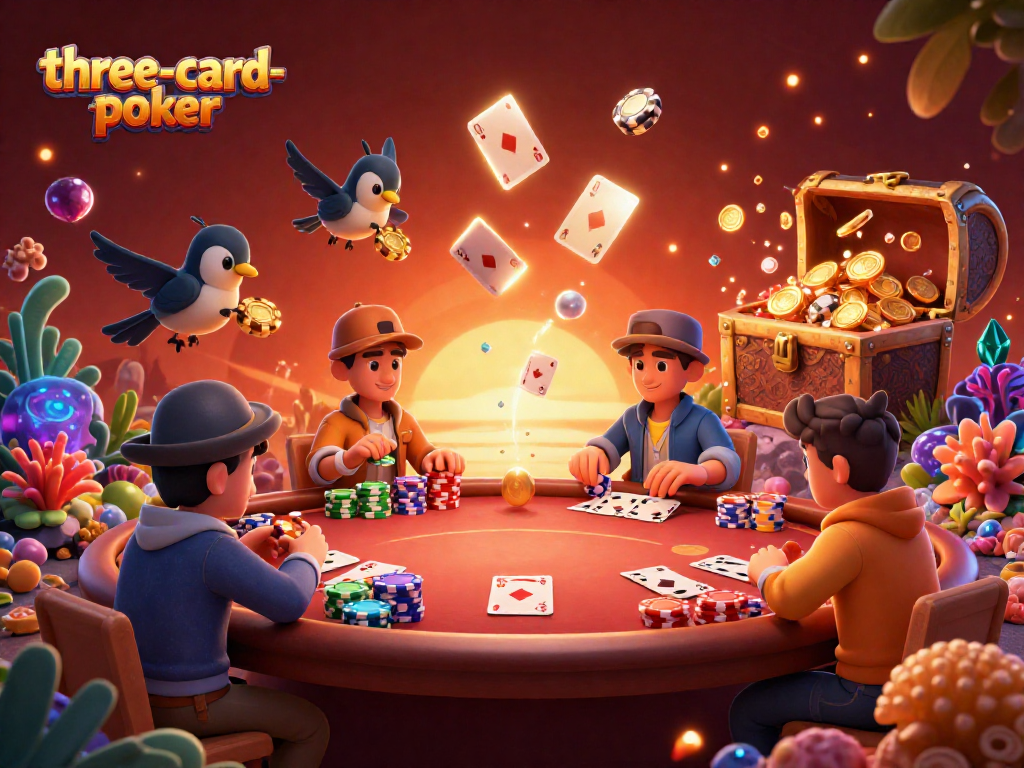 Engage in three-card-poker with vibrant animated chips and cards flowing dynamically around players.