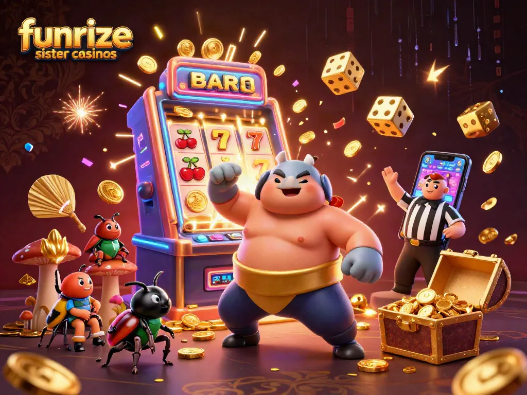 Experience funrize sister casinos with a playful 3D scene featuring a beetle champion amid a jackpot explosion.