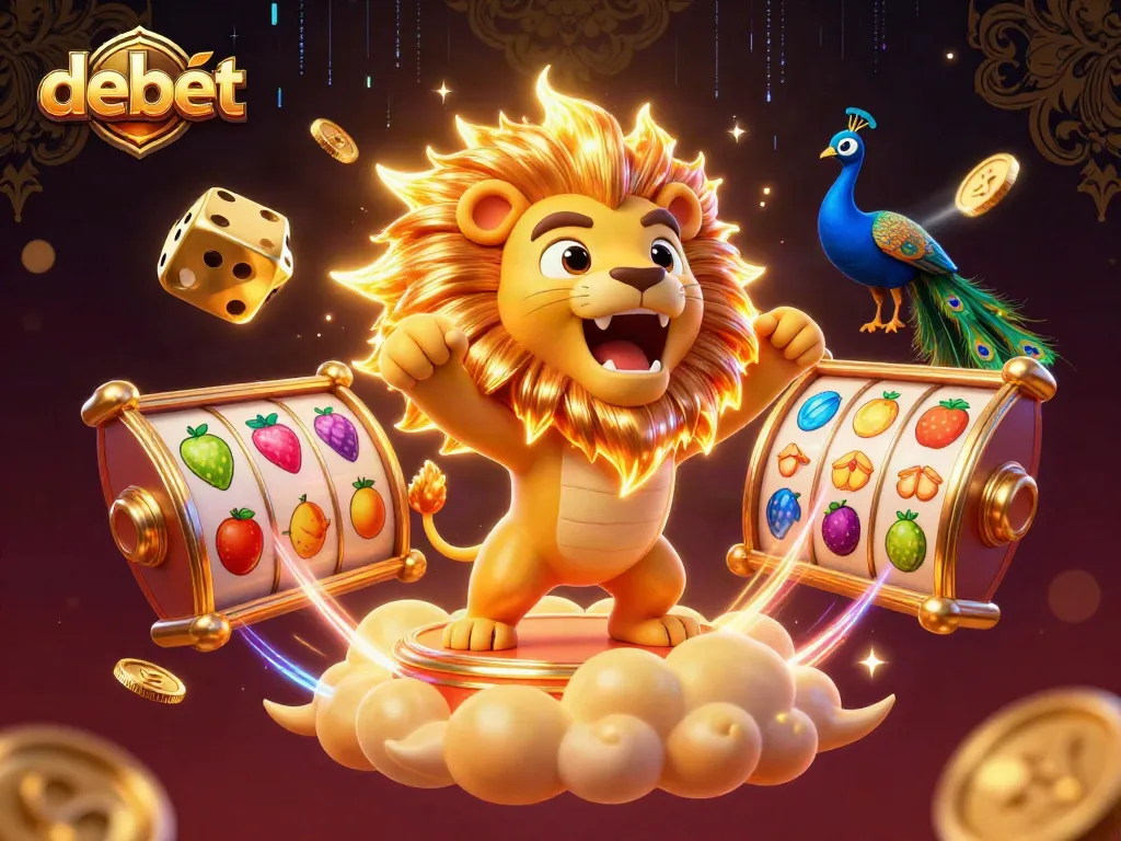 Experience thrilling gaming with Debet's vibrant 3D casino illustration, showcasing dynamic slot reels.