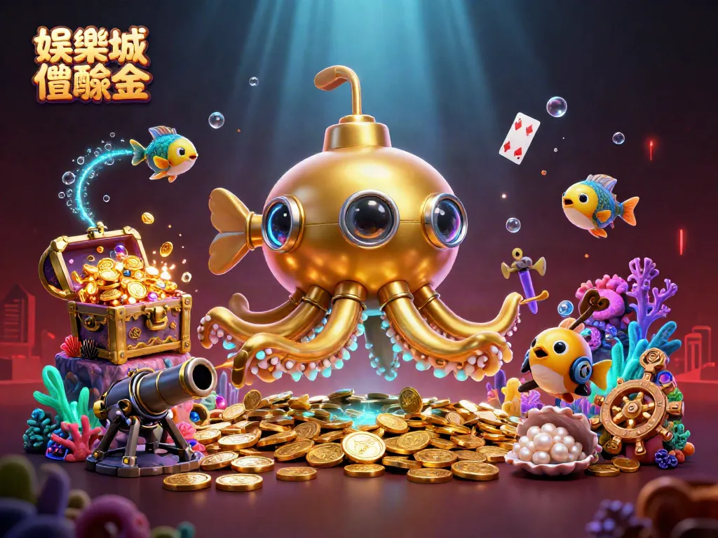 娛樂城體驗金中,金色海怪潛艇從金幣大海中浮現,帶來免費試玩金。