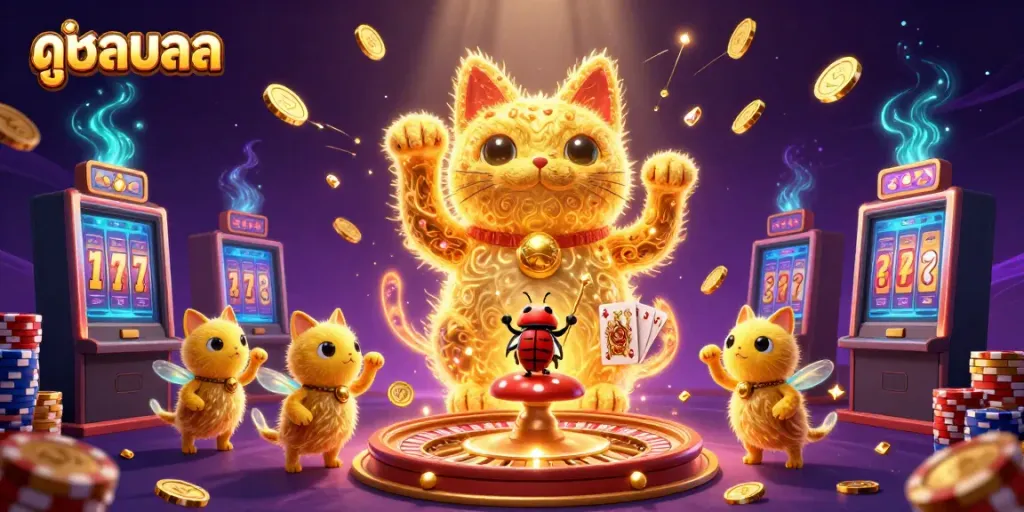 Experience the thrill of ดูบอลสด with a vibrant, ultra-detailed 3D illustration featuring a lucky cat and casino elements.