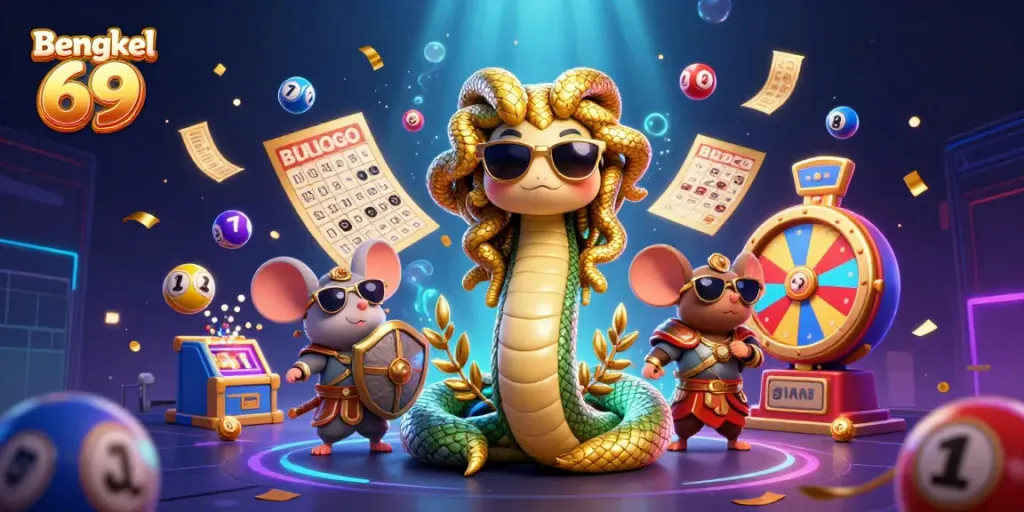 Engage with Bengkel 69 as Medusa and warrior mouse celebrate with colorful casino elements.