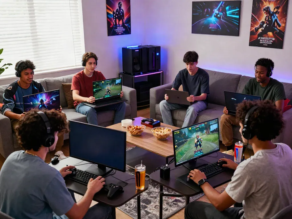 A group of friends playing akunjp online games in a vibrant living room filled with gaming gear.