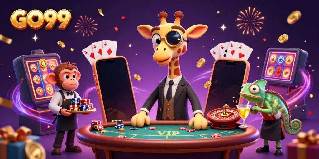 Spin the reels at GO99 with a high-roller giraffe enjoying a VIP poker table surrounded by festive elements.