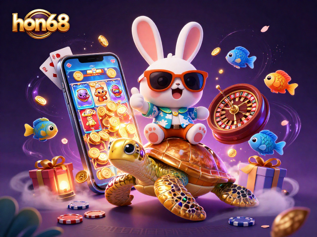Experience the thrill of hon68 with a lucky rabbit riding a turtle surrounded by vibrant casino games.