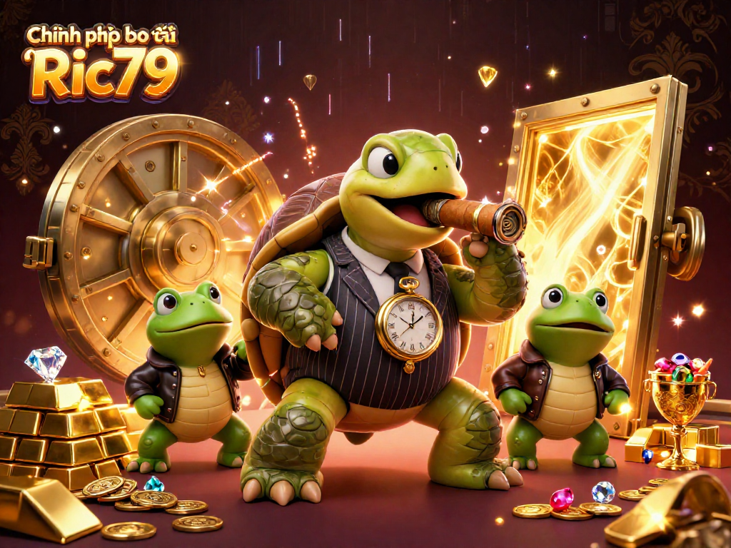 Experience the vibrant scene of Chính sách bảo mật Ric79 with a turtle mobster and bullfrog enforcers.