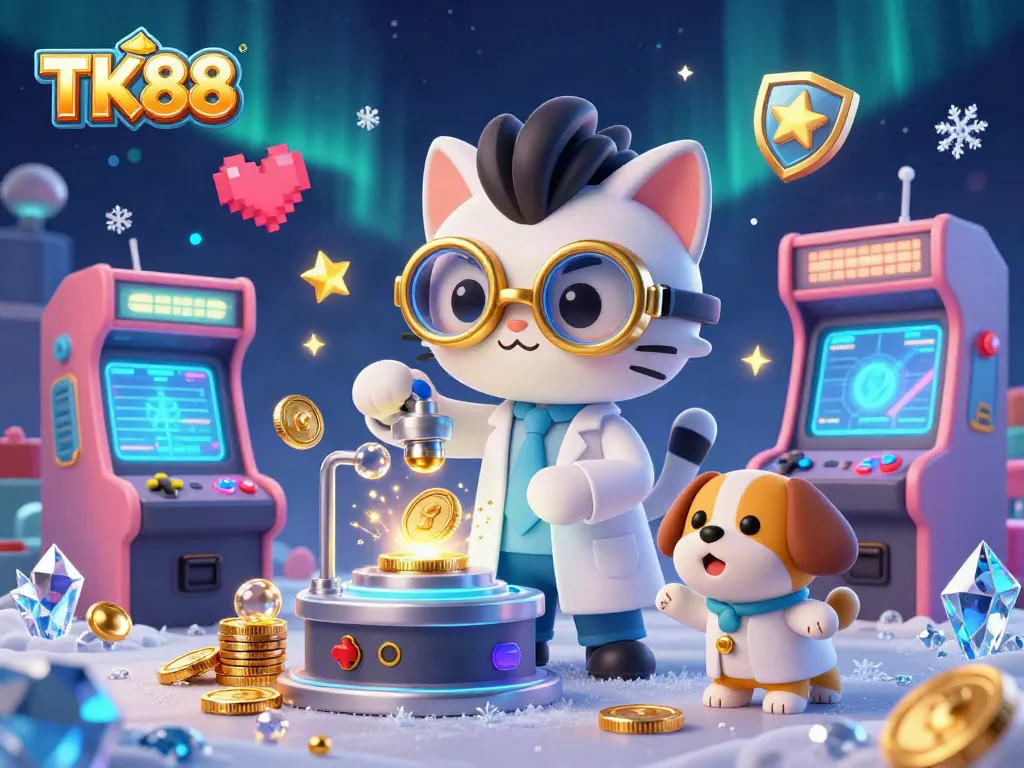 Engage with TK88 in a dynamic 3D casino adventure, featuring arcade elements and vibrant game action.