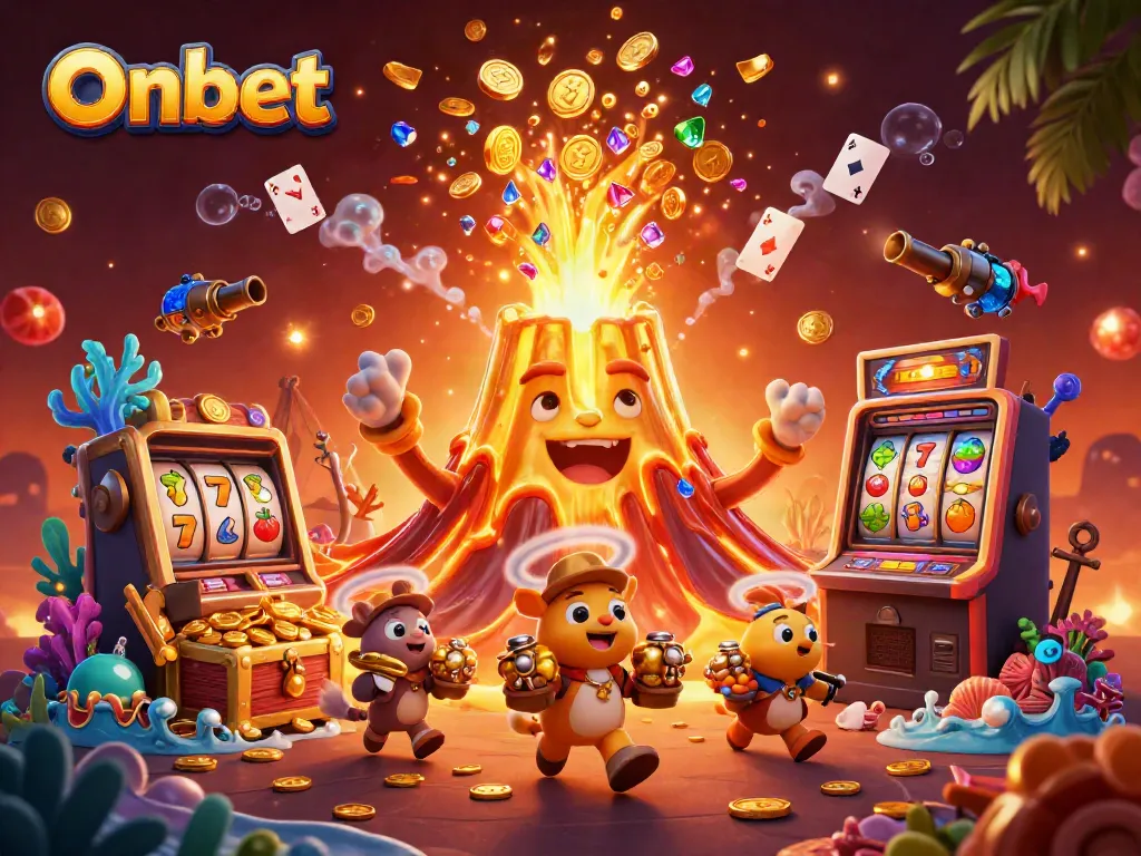 Experience Onbet's adventure with sentient volcanoes, treasures, and vibrant casino elements.