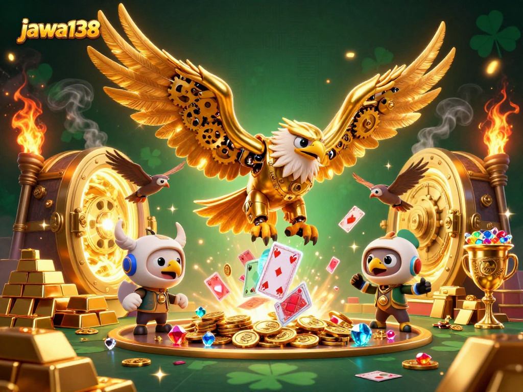 Experience winning strategies with jawa138 in a vibrant casino illustration featuring stunning characters and gold elements.