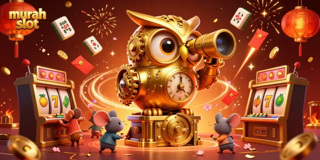 Permainan murah slot dengan burung hantu emas dan simbol kasino yang penuh warna.