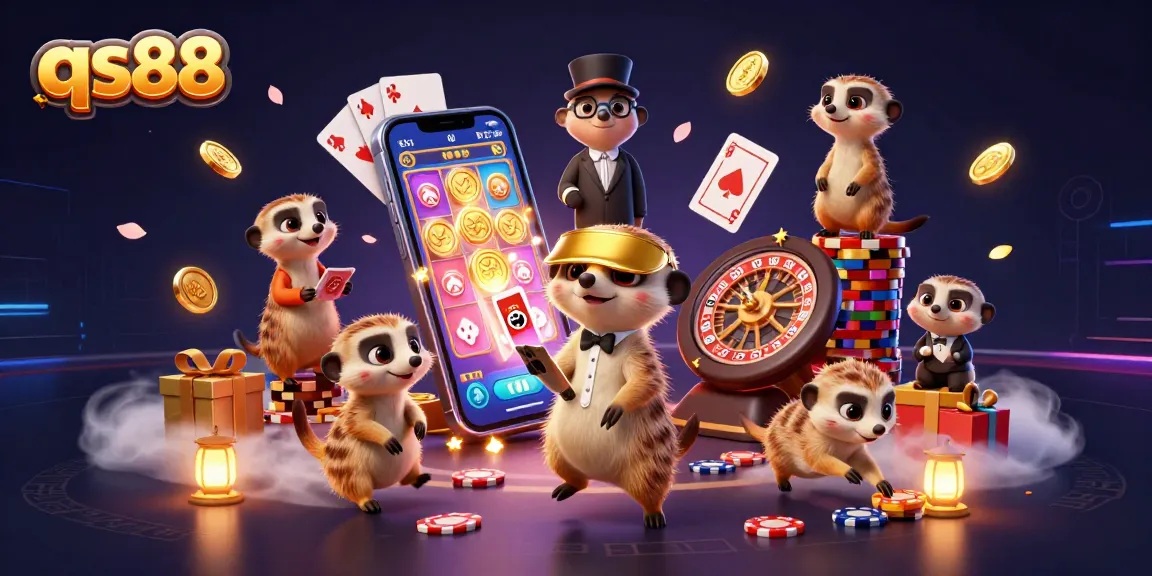 Experience excitement at qs88 with meerkats managing a vibrant casino scene with slots and poker!