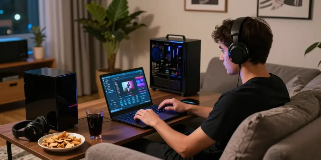 luxury12 gaming experience in a cozy living room with snacks and a laptop