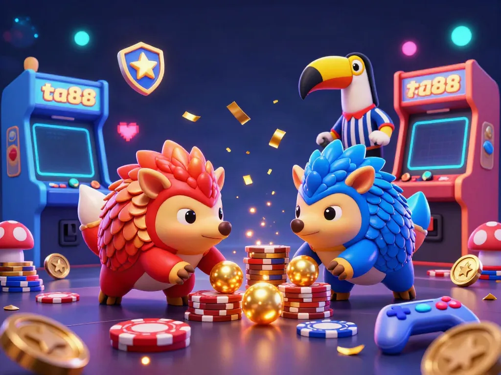 Pangolins compete in a thrilling ta88-themed casino game, surrounded by vibrant arcade machines and poker chips, celebrating in style.