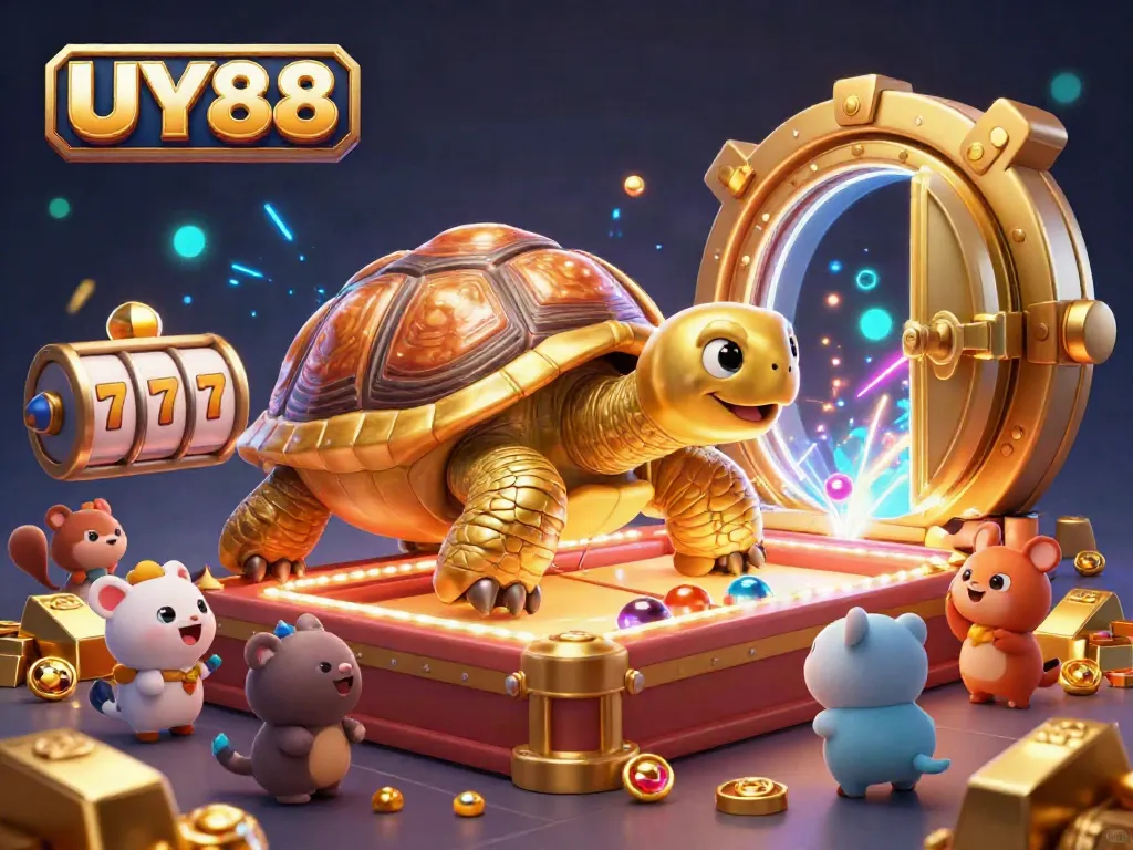 Engage with UY88's golden tortoise pinball machine scene filled with treasures and vibrant casino elements.
