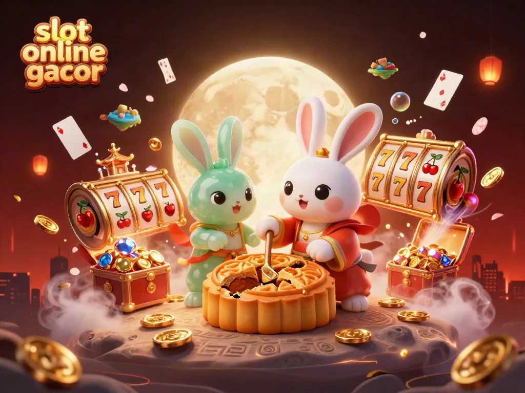 Slot online gacor, ilustrasi kartun bulan dengan simbol keberuntungan dan elemen kasino, penuh warna dan detail.