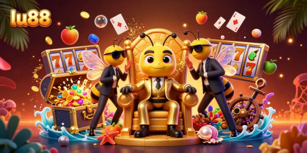 Experience the excitement of slot gaming at lu88 with our colorful casino scene filled with treasures.