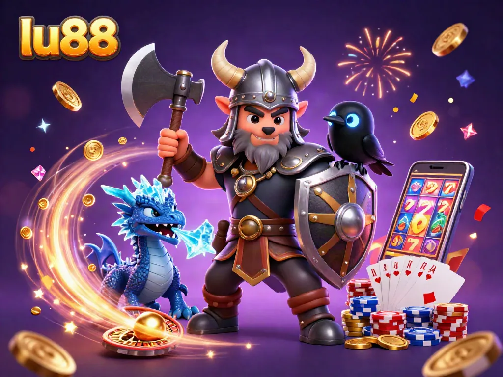 Experience thrilling gameplay at lu88 with a Viking wolf warrior and a fierce dragon amidst vibrant casino elements.