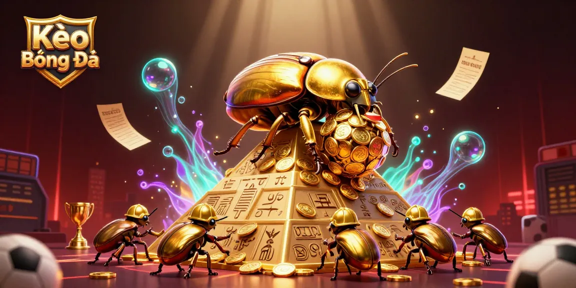 Kèo Bóng Đá action scene featuring a golden dung beetle with sports elements rolling coins