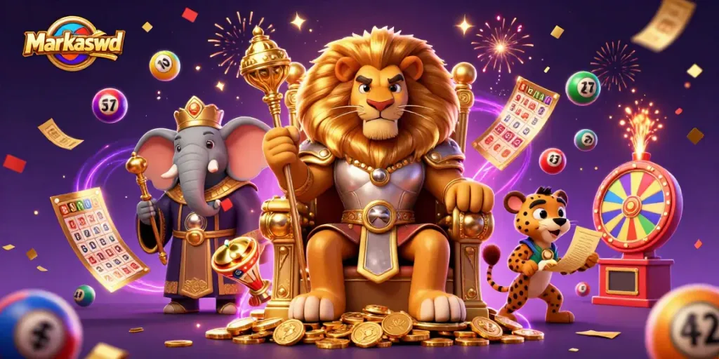 Experience the thrill of Markaswd with a majestic lion king in a vibrant gambling scene.