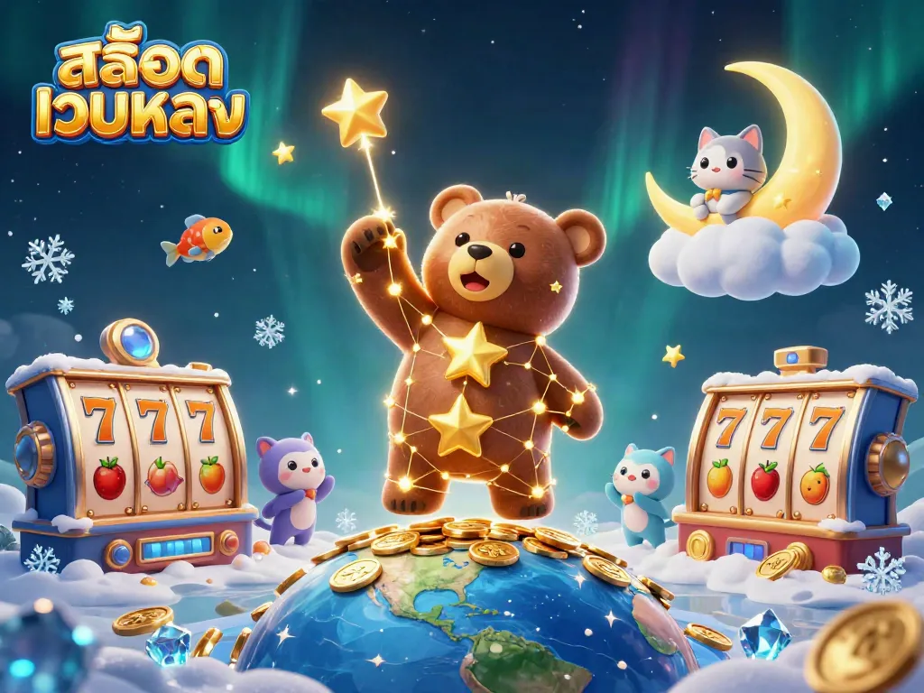 วาดภาพ 3D ของสล็อตเว็บตรง ที่มีหมีในจักรวาล scooping เหรียญจากโลก