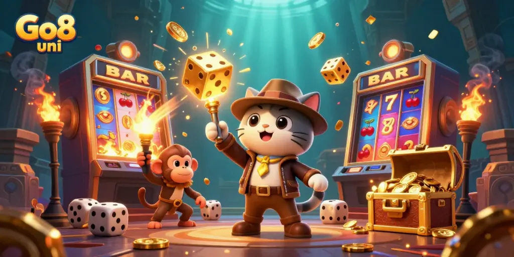 Experience the thrill of Go8 uni with our cartoon cat explorer uncovering casino treasures amidst vibrant gaming elements.