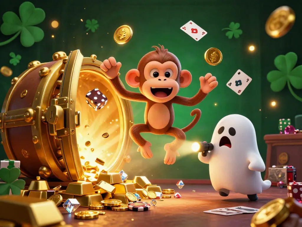 Experience thrills at singatoto with a mischievous monkey juggling golden treasures in a haunted casino.