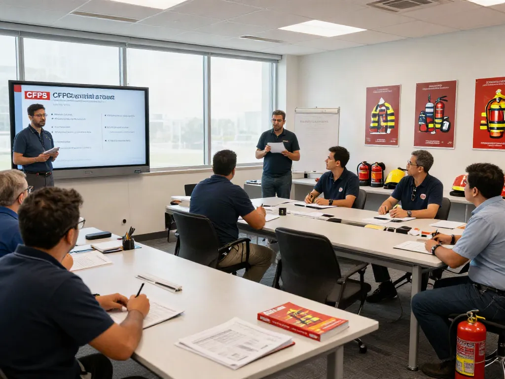 In a bright classroom, professionals engaged in CFPS Certification Saudi Arabia training with instructors presenting safety materials.