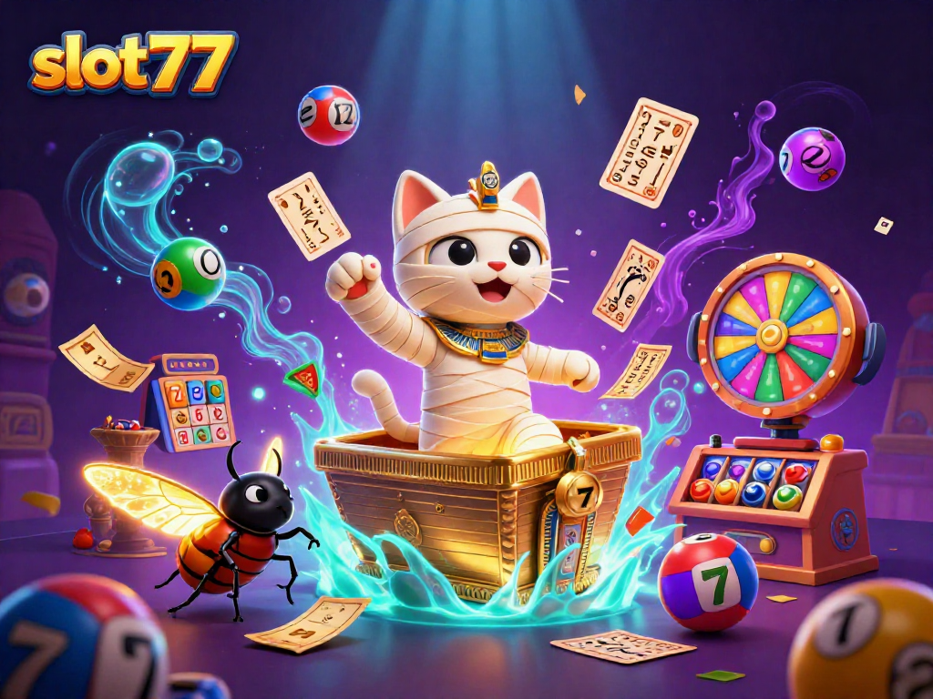 Menangkan permainan slot777 dengan karakter unik dalam kasino piramida, berputar dan melayang.