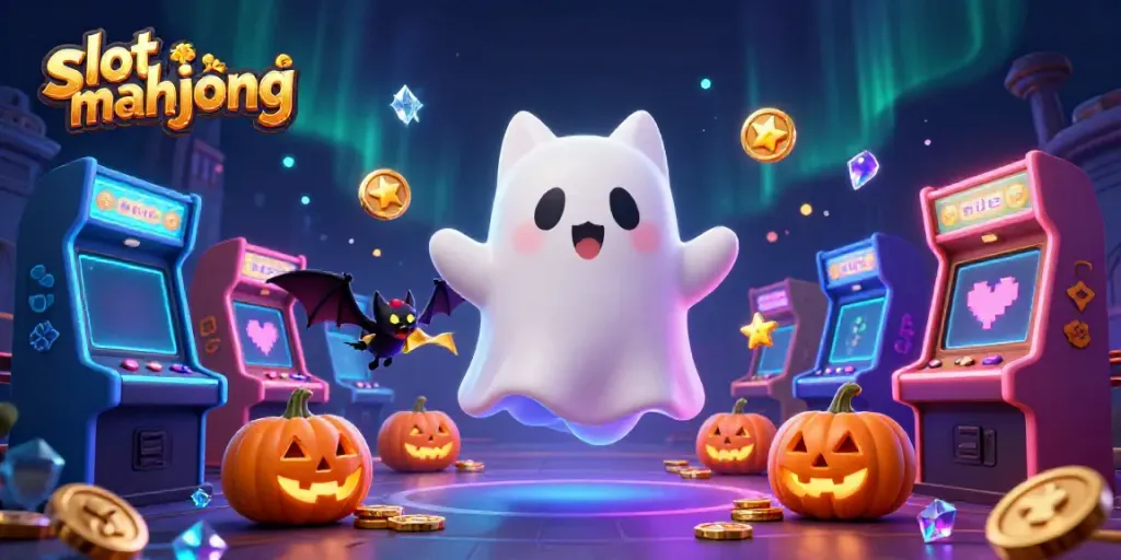Menampilkan slot mahjong di kasino hantu dengan karakter kucing hantu dan kelelawar.