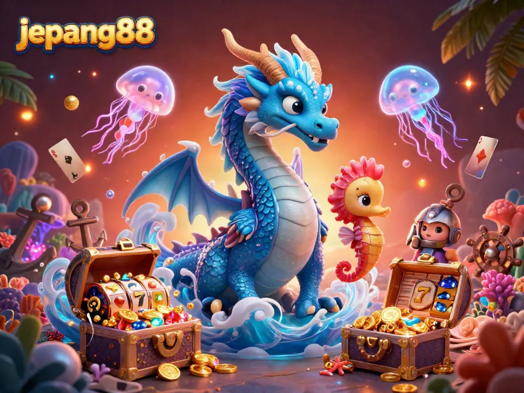 Experience thrilling slots with Jepang88's vibrant illustration featuring a dragon, knight, and treasures.