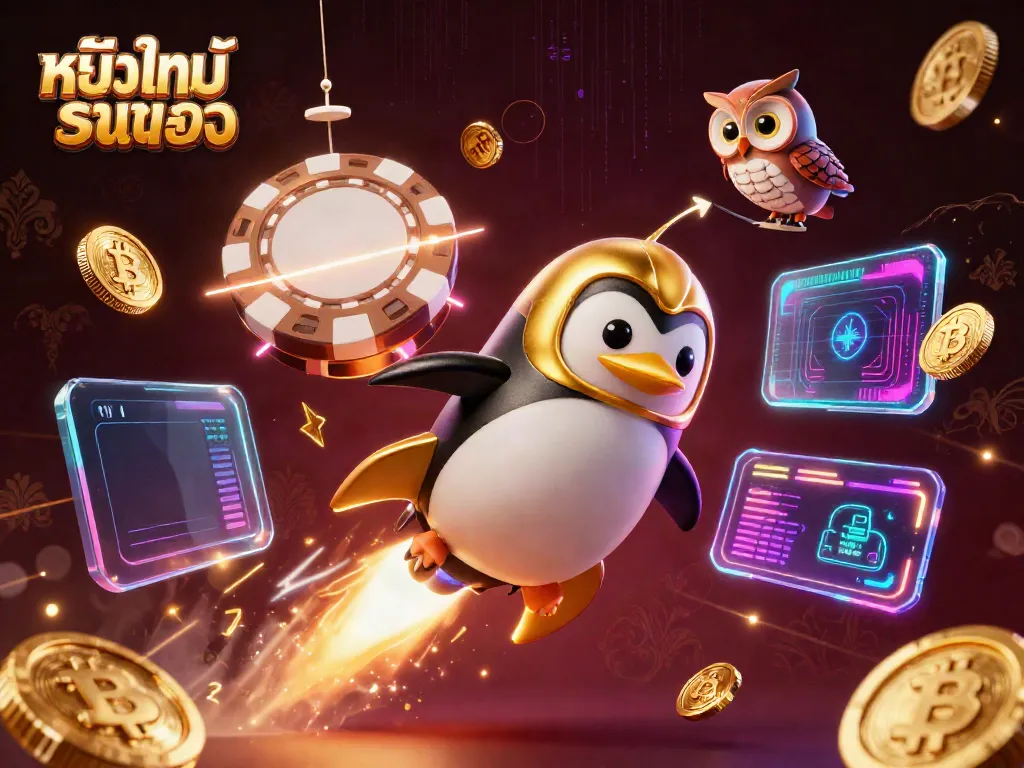 Engage with หนังใหม่ชนโรง showcasing a golden penguin racing towards a giant casino chip in space, surrounded by digital gambling elements.