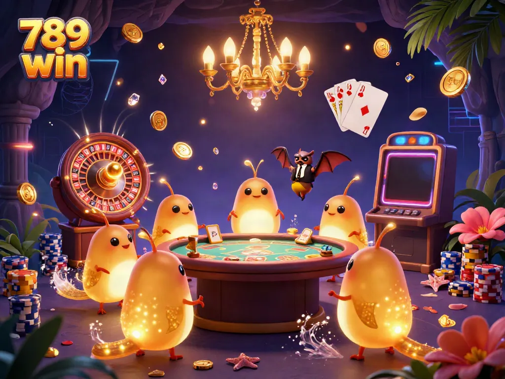 Experience the excitement of 789 win with glowing glowworms lighting a casino scene filled with gold coins and colorful poker chips.