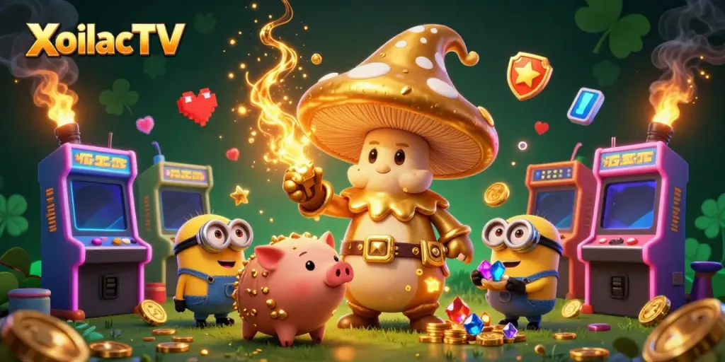 Experience thrilling gameplay at XoilacTV with vibrant characters and casino-themed elements illuminating the action.