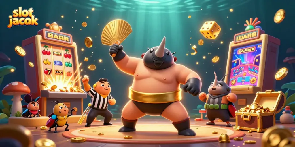 Engage in the thrilling slot jackpot experience with 3D cartoon characters celebrating a big win amidst flying coins and iconic symbols.