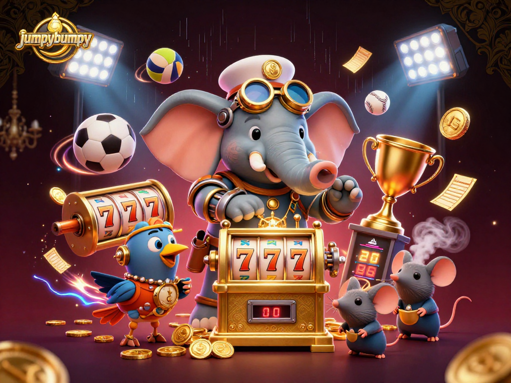 Watch the jumpybumpy steampunk elephant engineer masterfully operate a golden slot machine amidst vibrant casino action.