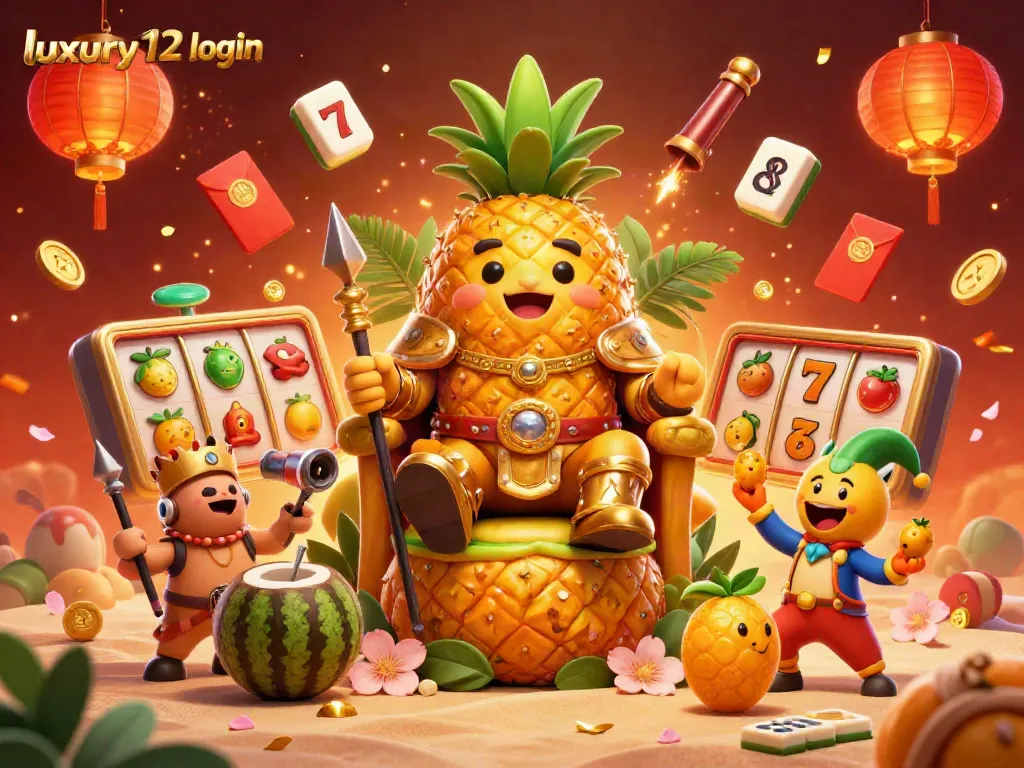 Engage in the luxury12 login scene with vibrant casino excitement featuring a golden pineapple king.