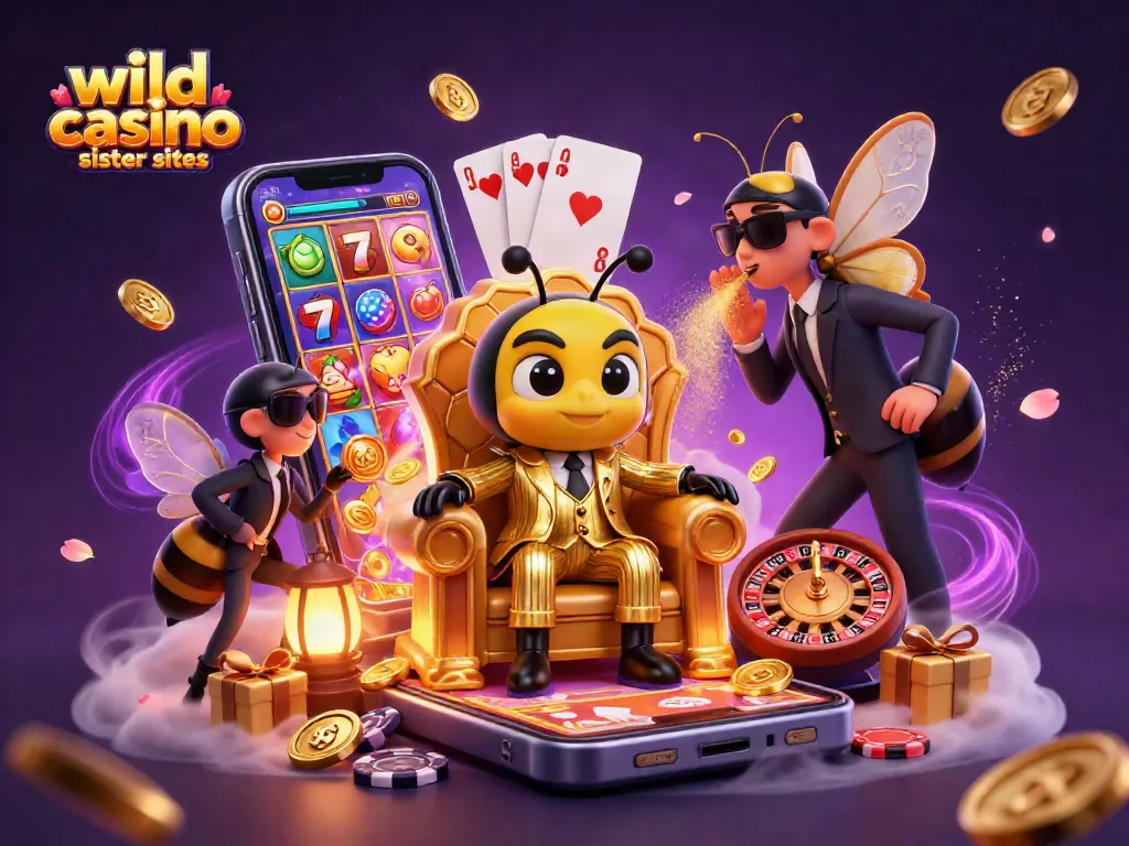 Engage with wild casino sister sites through a vibrant 3D illustration showcasing thrilling games and characters.