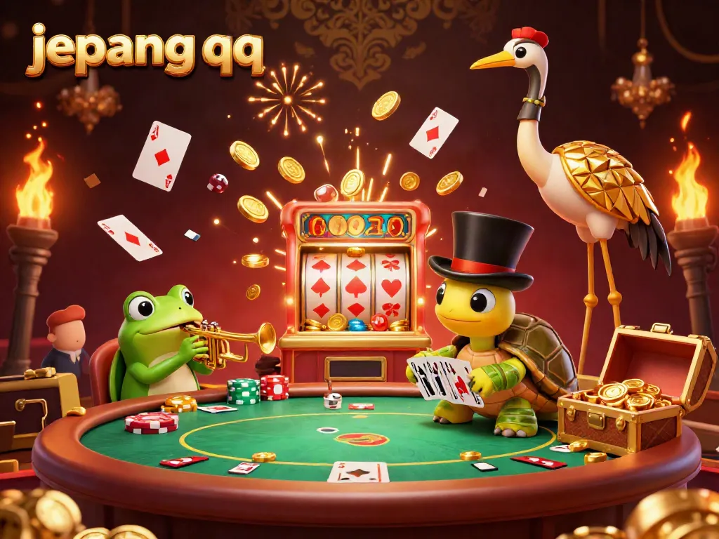 Perayaan permainan Jepang QQ dengan karakter unik dan suasana kasino yang meriah.