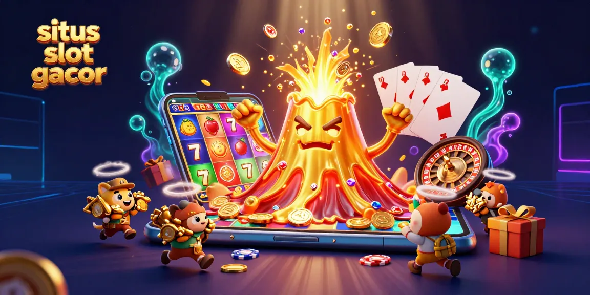 Situs slot gacor menghadirkan ilustrasi kasino 3D dengan gunung berapi emas yang menghasilkan koin dan harta karun.