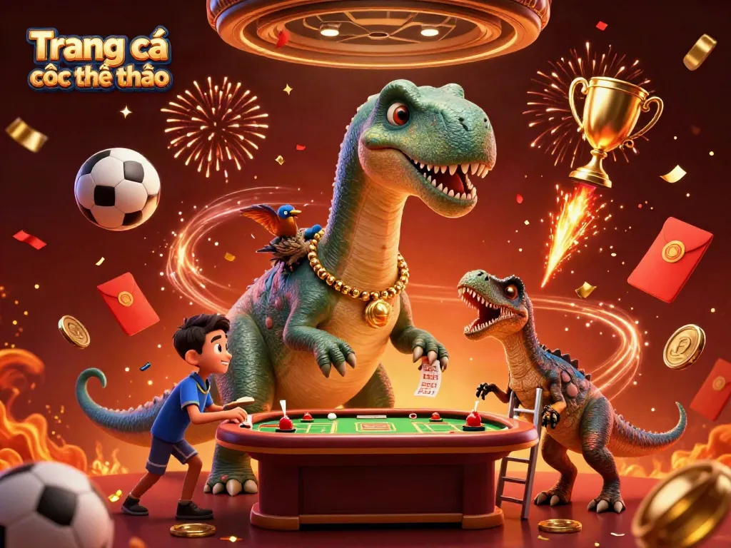 Place winning bets on Trang cá cược thể thao with dynamic sports betting illustration featuring a brontosaurus and raptor.