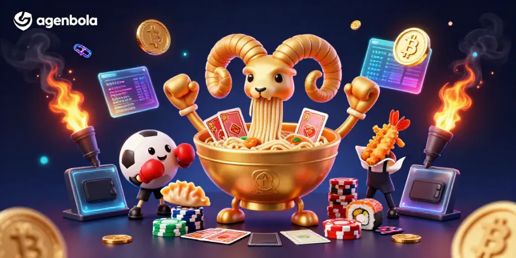 Agenbola sports betting scene with a giant ramen bowl character and cryptocurrency elements in action.