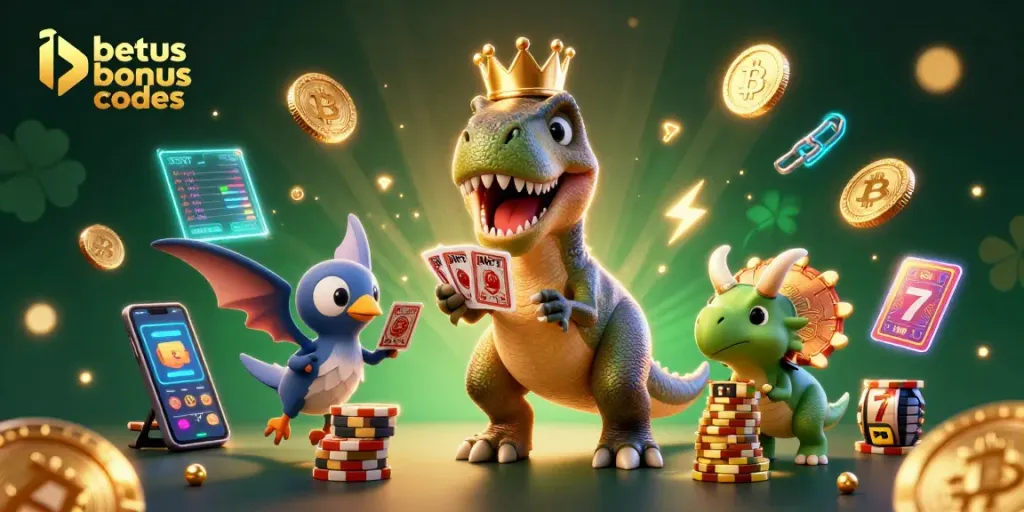 Experience the excitement of betus bonus codes as a T-Rex shuffles cards while a pterodactyl assists in a colorful 3D casino scene.