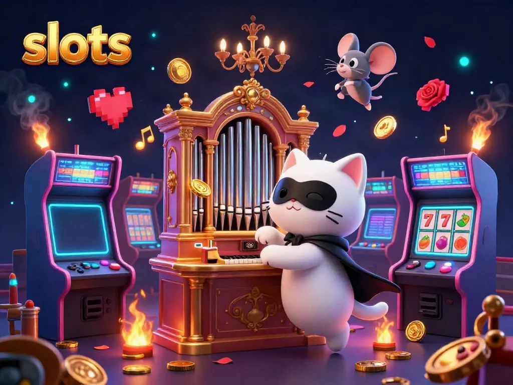 Play exciting slots with a whimsical phantom cat and mouse acrobat in a dynamic casino scene.