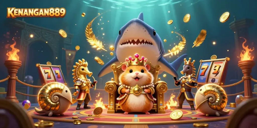 Join the fierce golden hamster king in an epic gambling scene at KENANGAN889 with dynamic casino elements.