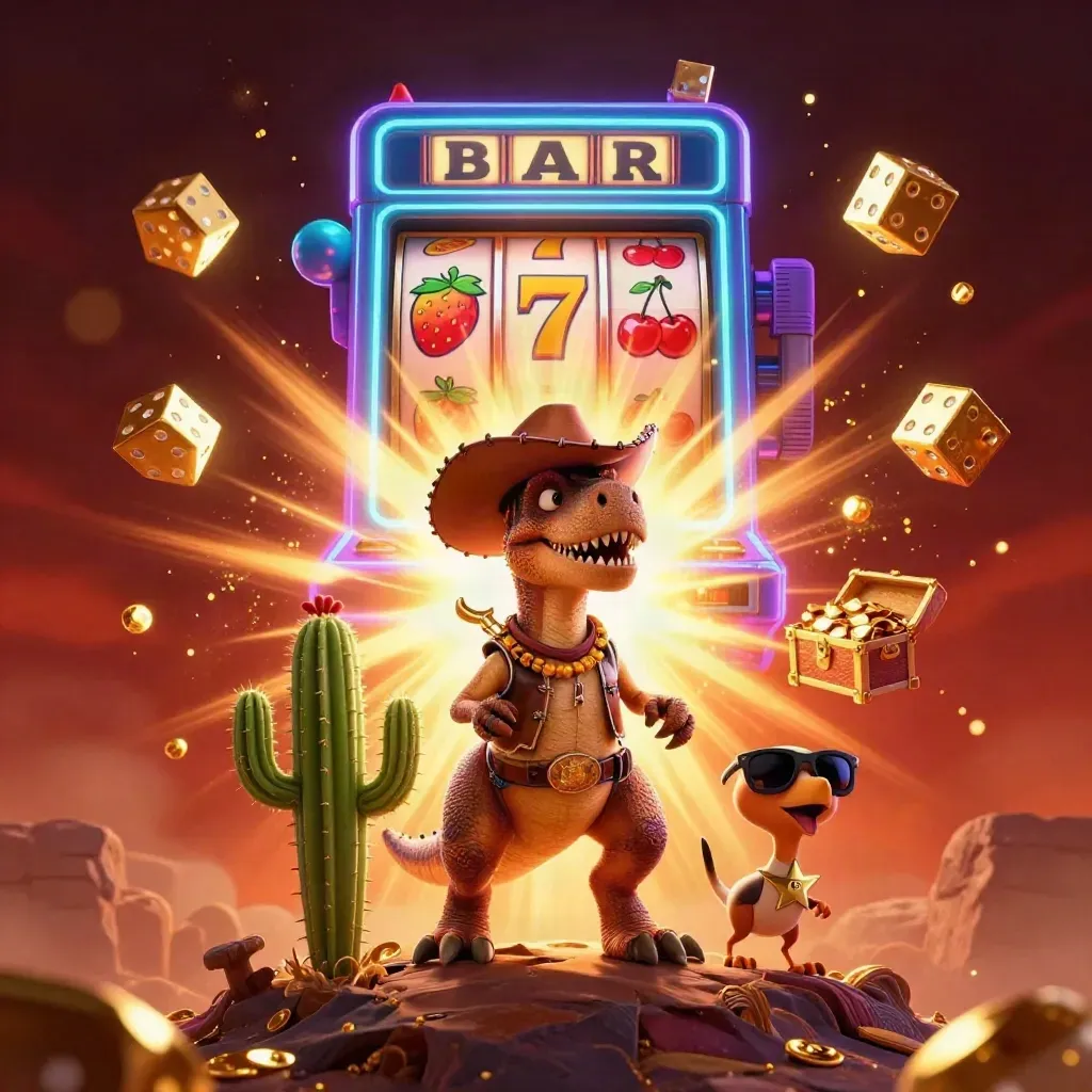 Cowboy T-Rex, cactus sidekick, and sheriff roadrunner burst from a glowing slot machine.