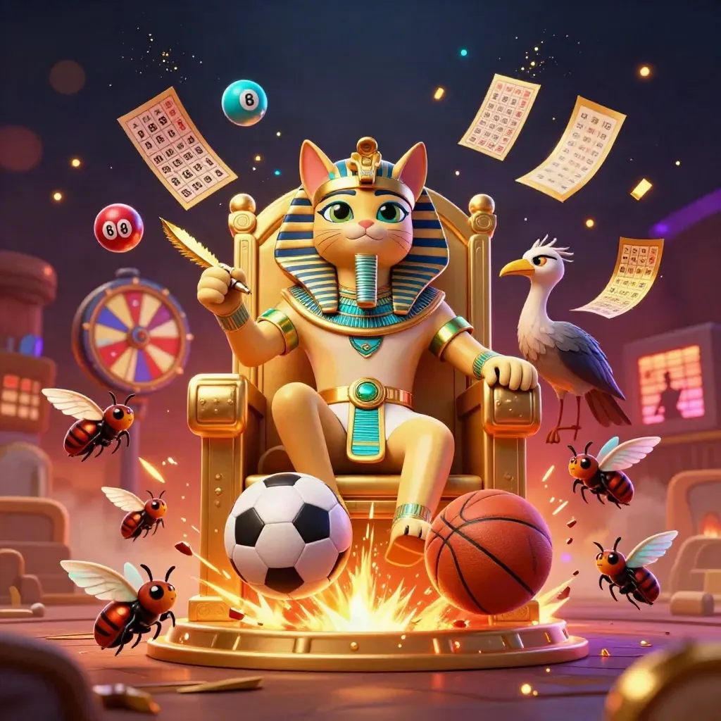 Pharaoh cat, ibis scribe, and gem scarabs amid flying balls, throne glow, and casino sparks.