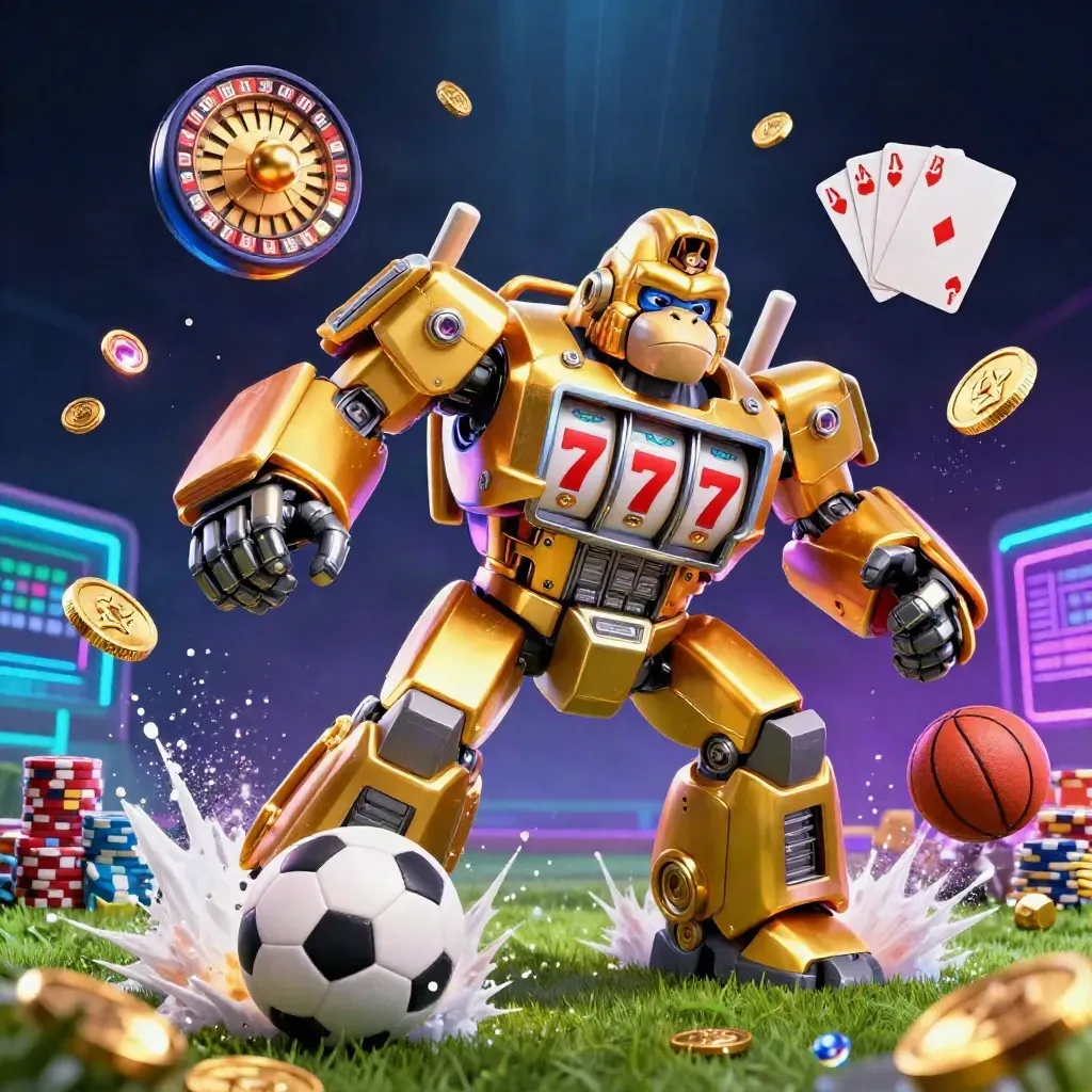 Golden slot-mech gorilla, monkey pilot, coins, cards, balls and neon casino glow