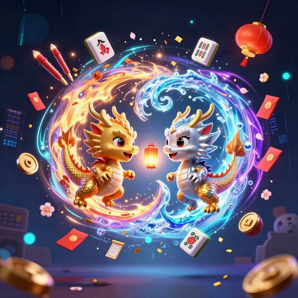 Gold and silver dragons form a yin-yang amid casino symbols, neon light, and sports balls.